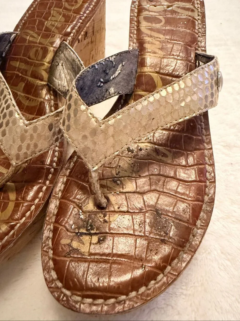 Sam Edelman Romy Cork Wedge Thong Sandals Gold Snakeskin Leather Size 6.5